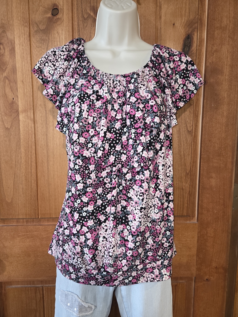 Allen B. by Allen Schwartz Black &‎ Pink Floral Short-Sleeve Blouse